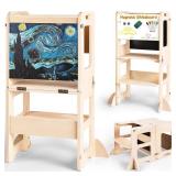 Woodure 4-in-1 Toddler Kitchen Step Stool, Foldable Learning Standing Tower with Chalkboard and Whiteboard, Wooden Kitchen Stool Helper for Kids, 1-3 Year Old Boy Girl Gifts - Retail: $80