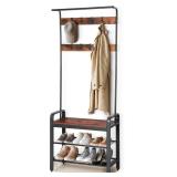 Coat Rack, Hall Tree with Shoe Bench for Entryway, Entryway Bench with Coat Rack, 4-in-1, Industrial Coat and Shoe Rack with 9 Removable Hooks, a Hanging Rod, Wall Rack - Retail: $60