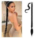 Ponytail Extension, Vemet Braided Ponytail Extension Black Women with Hair Tie, Straight Wrap with Braid Synthetic Hair Pieces 36 Inch 1B