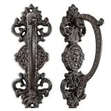 INIRET 2 Packs Heavy Duty 5.46" barn Door Handles,Dark Brown Cast Iron Carved SRustic Vintage Gate Fence Outdoor Garage Closet Drawer Cabinet Handles Retail $30.70