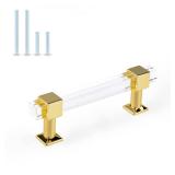 6 Pack Cabinet Handles for Kitchen Cabinets and Bedroom Cupboards, 3-1/2 Inch Hole Center Cabinet Pulls Square Tube Clear Acrylic Drawer Pulls with Gold Finish Base Retail $18.13