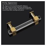 6 Pack Cabinet Handles for Kitchen Cabinets and Bedroom Cupboards, 3-1/2 Inch Hole Center Cabinet Pulls Square Tube Clear Acrylic Drawer Pulls with Gold Finish Base Retail $18.13