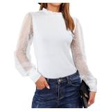 Womens Mock Neck Tops Dressy Casual Dots Long Sleeve Shirts Ruffle Work Blouse (Small, White) Retail $26.99