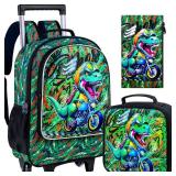 UFNDC 4PCS Kids Rolling Backpack for Boys, Cute Camouflage Dinosaur Wheeled Bookbagï¼Roller School Bag with Wheels for Elementary Preschool Travel - Retail: $37