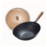 WANGYUANJI Iron Wok,12\" Lightweight Woks and Stir Fry Pans with Lid,Wooden Handle Carbon Steel Wok No Chemical Coated Flat Bottom Wok for Induction, Electric, Gas, Halogen All Stoves - Retail: $89