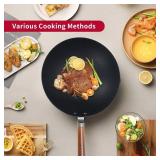 WANGYUANJI Iron Wok,12\" Lightweight Woks and Stir Fry Pans with Lid,Wooden Handle Carbon Steel Wok No Chemical Coated Flat Bottom Wok for Induction, Electric, Gas, Halogen All Stoves - Retail: $89