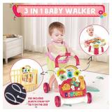 3 in 1 Sit-to-Stand Baby Walker, Activity Center for Baby Girl, Learning Walker, Multifunctional Removable Play Panel, Early Learning Push Music Toys for Infant 12 Months Red - Retail: $35