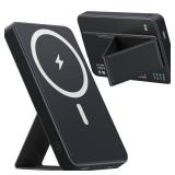 Fokimdo Magnetic Wireless Power Bank, Ultra-Thin 5000mAh Portable Charger Power Bank with Foldable Stand, Mag-Safe Battery Pack 5V/3A USB-C Output Input for iPhone 14/13/12 Series - Retail: $24