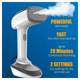 Powerful Handheld Fabric Steamer - 1800W with Fast Ceramic Heat-Up Plate, 2-in-1 Ironing & Wrinkle Remover, Steam Nozzle, Lint Brush - White, for US 120V Only - Retail: $46
