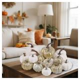 winemana 16 Pcs Golden and White Pumpkins Thanksgiving Pumpkin Decorations Assorted Sizes, Artificial Foam Harvest Autumn Decor, Fake Pumpkins Fall Decorations for Indoor Home Kitchen Table Mantle - R
