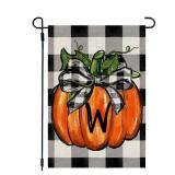 CROWNED BEAUTY Fall Thanksgiving Pumpkin Monogram Letter W Garden Flag 12x18 Inch Double Sided Burlap Plaid Small Yard Decoration  - Retail: $27