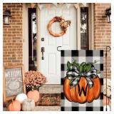CROWNED BEAUTY Fall Thanksgiving Pumpkin Monogram Letter W Garden Flag 12x18 Inch Double Sided Burlap Plaid Small Yard Decoration  - Retail: $27
