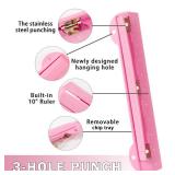 WORKLION 3 Ring Hole Puncher for Binders,Pink,with 10\" Ruler, Plus Paper-chip Tray Design,Paper line up Guide,5 Sheets Capacityâ¦ - Retail: $10