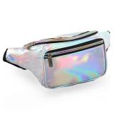 Holographic Fanny Pack for Women Men, Water Resistant Crossbody Waist Bag Pack with Multi-Pockets Adjustable Belts, Cute Bum Belt Bag for Travel Walking Running Hiking Cycling (Holographic Silver) Ret