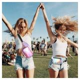 Holographic Fanny Pack for Women Men, Water Resistant Crossbody Waist Bag Pack with Multi-Pockets Adjustable Belts, Cute Bum Belt Bag for Travel Walking Running Hiking Cycling (Holographic Silver) Ret