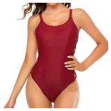 Edelqual One Piece Swimsuit for Women High Cut Swimwear Cutout Sexy Monokini Tummy Control Bathing Suit(Wine Red,L)