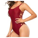 Edelqual One Piece Swimsuit for Women High Cut Swimwear Cutout Sexy Monokini Tummy Control Bathing Suit(Wine Red,L)