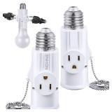 Enhon 3 Prong E26 Light Socket to Plug Adapter, White Heat Resistant Light Socket 2/3 Prong Outlet Light Bulb Plug Splitter Converter for Garage Porch CCTV Camera (2 Pack)