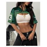 MakeMeChic Cropped Jersey Shirts for Women Half Sleeve Y2k Crop Tops Shrugs V Neck Graphic Tee Green X-Small