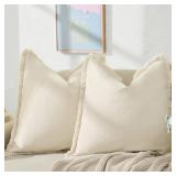 ZWJD Pillow Covers 18x18 Set of 2 Beige Throw Pillow Covers with Fringe Chic Cotton Decorative Pillows Square Cushion Covers for Sofa Couch Bed Living Room Farmhouse Boho Decor