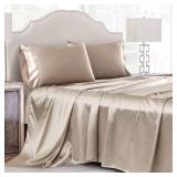 Cobedzy 4 Pieces Taupe Satin Sheets King Size Bed Set, Luxury Silky Satin Bedding Sheets Set with 1 Deep Pocket Fitted Sheet, 1 Soft Flat Sheet, 2 Pillowcases