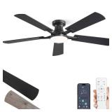 ZMISHIBO 52 Inch Ceiling Fan with Light, App&Remote Control, Flush Mount Low Profile, Dimmable 20W LED Light, Quiet Reversible Motor for Bedroom, Living Room, Apartment, Black