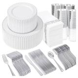 LIYH Bulk Pcs Silver Plastic Dinnerware Set for Guests - Plastic Disposable Plates for Party, Include Dinner & Dessert Plates,  Cups, Napkins with Silver Silverware for wedding Party