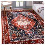 YJ.GWL Area Rug for Living Room, 4x6 Machine Washable Boho Rug for Bedroom, Low Pile Lightweight Thin Rugs Floral Vintage Distress Print Pattern Carpet for Dining Room, Red