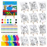 Tenceur Multi Pcs Kids Paint Party Favors Sets with Pcs Animals Pre Drawn Canvas Panel and Wooden Easel Set Paint Pots and Brushes Mini Apron and Tote Bag for Kids Boys Student Girls