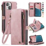 Defencase Compatible with iPhone 15 Plus Case Wallet with RFID Blocking Card Holder for Women Men, PU Leather Magnetic Snap Flip Zipper Strap Wallet Phone Case Fit for iPhone 15 Plus 6.7, Rose Pink
