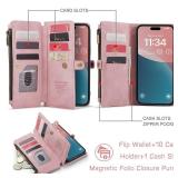 Defencase Compatible with iPhone 15 Plus Case Wallet with RFID Blocking Card Holder for Women Men, PU Leather Magnetic Snap Flip Zipper Strap Wallet Phone Case Fit for iPhone 15 Plus 6.7, Rose Pink