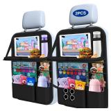 Oneyus Car Backseat Organizer with Table Tray(2-Pack) 9 Storage Pockets Backseat Car Organizer and storage with Tablet Holder, Kick Mats Back Seat Cover for Kids family Road Trip Essentials Travel