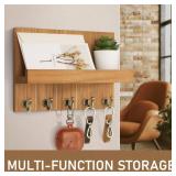 Rebee Vision Farmhouse Key Holder for Wall - Decorative Wall Shelf with Key Hooks & Mail Organizer Wall Mount for Apartment Essentials - Rustic Living Room Decor (Light Brown, 3.54D x 10W x 7.28H) (NE