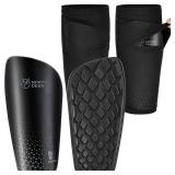 Soccer Shin Guards for Kids incl. Sleeves with Optimized Insert Pocket - Protective Soccer Equipment for Boys Girls Children (Black S)