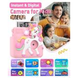 Kids Camera Instant Print with Silicone Cover, Creative Gifts for Girls Age 4-12 Birthday Christmas, 1080P Digital Camera Toy with 32GB SD Card - Pink