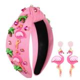 Jeweled Tropical Beach Vacation Flamingo Knotted Headband with Rhinestone Crystals and Wide Top Knot for Women (Flamingo 2)
