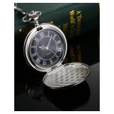 Hicarer Quartz Pocket Watch for Men with Black Dial and Chain Vintage Roman Numerals Christmas Gifts Birthday (Silver)