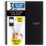 Five Star Spiral Notebook + Study App, 3 Subject, College Ruled Paper, Fights Ink Bleed, Water Resistant Cover, 8-1/2 x 11, 150 Sheets, Black (72069)
