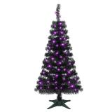 Juegoal Lighted Artificial Halloween Black Christmas Tree, 4FT Black Tinsel Pine Tree with 70 LED Purple Lights, 8 Modes & Timer for Home Party Decorations