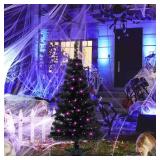 Juegoal Lighted Artificial Halloween Black Christmas Tree, 4FT Black Tinsel Pine Tree with 70 LED Purple Lights, 8 Modes & Timer for Home Party Decorations