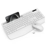 Wireless Keyboard and Mouse Combo - Full-Sized Ergonomic Keyboard with Wrist Rest, Phone Holder, Sleep Mode, Silent 2.4GHz Cordless Keyboard Mouse Combo for Computer, Laptop, PC, Mac, Windows,White