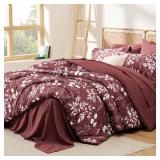 Bedsure King Size Comforter Set - 7 Pieces Floral Burgundy Soft Bedding Sets, King Bed in a Bag with Botanical Flowers Comforter, Sheets, Pillowcases & Shams