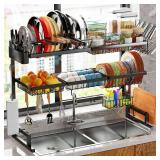 Over Sink Dish Drying Rack (Expandable Height/Length) (31-39.5L x 12W x 34-38H inches) Snap-On Design Large Dish Drainer Storage Counter Organizer