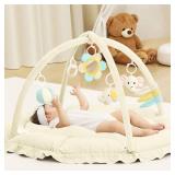 ANGELBLISS 5 in 1 Baby Play Gym Mat, Reversible Tummy Time Mat with 5 Sensory Toys for Stage-Based Developmental, Thick & Large Baby Activity Center from Newborn to Toddler (Beige)