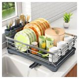 Dish Drying Rack - Stainless Steel Dish Rack for Kitchen Counter, Large-Capacity Dish Drainer with Cutlery Holder, Kitchen Organizer for Dishes, Spoons and Forks, Silver