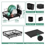 MOUKABAL Dish Drying Rack, Dish Rack, Stainless Steel Dish Racks for Kitchen Counter, Dish Drainer with Removable Utensil Holder, Drainboard (Black)