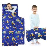 UOMNY Toddler Nap Mat Boys Kids Nap Mats with Removable Pillow and Blanket Engineering Vehicle Toddler Sleeping Bag for Preschool Daycare Blue Excavator 53x21 Inch