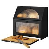 STDDRE Bamboo Bread Box with Cutting Board, Double Layer Extra Large Bread Storage Bin with Door Panel for Kitchen Counter (Black)