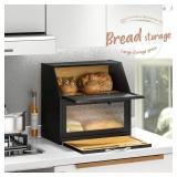 STDDRE Bamboo Bread Box with Cutting Board, Double Layer Extra Large Bread Storage Bin with Door Panel for Kitchen Counter (Black)