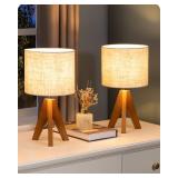 EDISHINE Small Table Lamp, Wooden Tripod Bedside Lamp with Linen Fabric Lampshade, 14.2 Nightstand Lamp for Bedroom, Living Room, Office, 2 Pack
